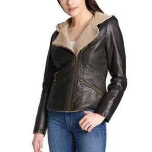 Levi's Dark Brown Leather Jacket with Cream Fleece Collar - size small
